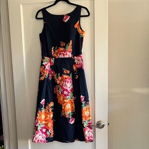 Elegant Floral Midi Dress - Navy with Orange and Pink